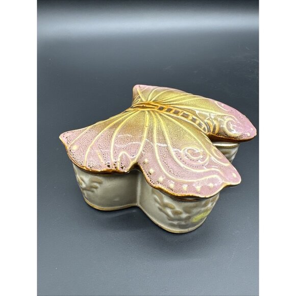 Vintage Glazed Ceramic Butterfly Pink Trinket Dish Stash Box - Picture 2 of 15